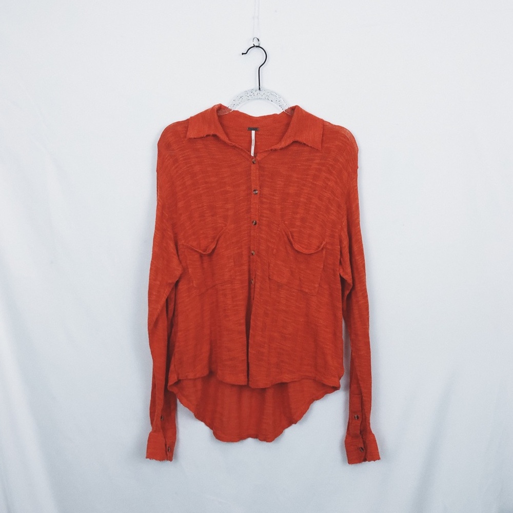 Free People - orange sheer oversized collared top
